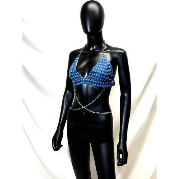 Denim Y2K Style Bra Crop Top with Belly Chain Sz M - Picture 2 of 3